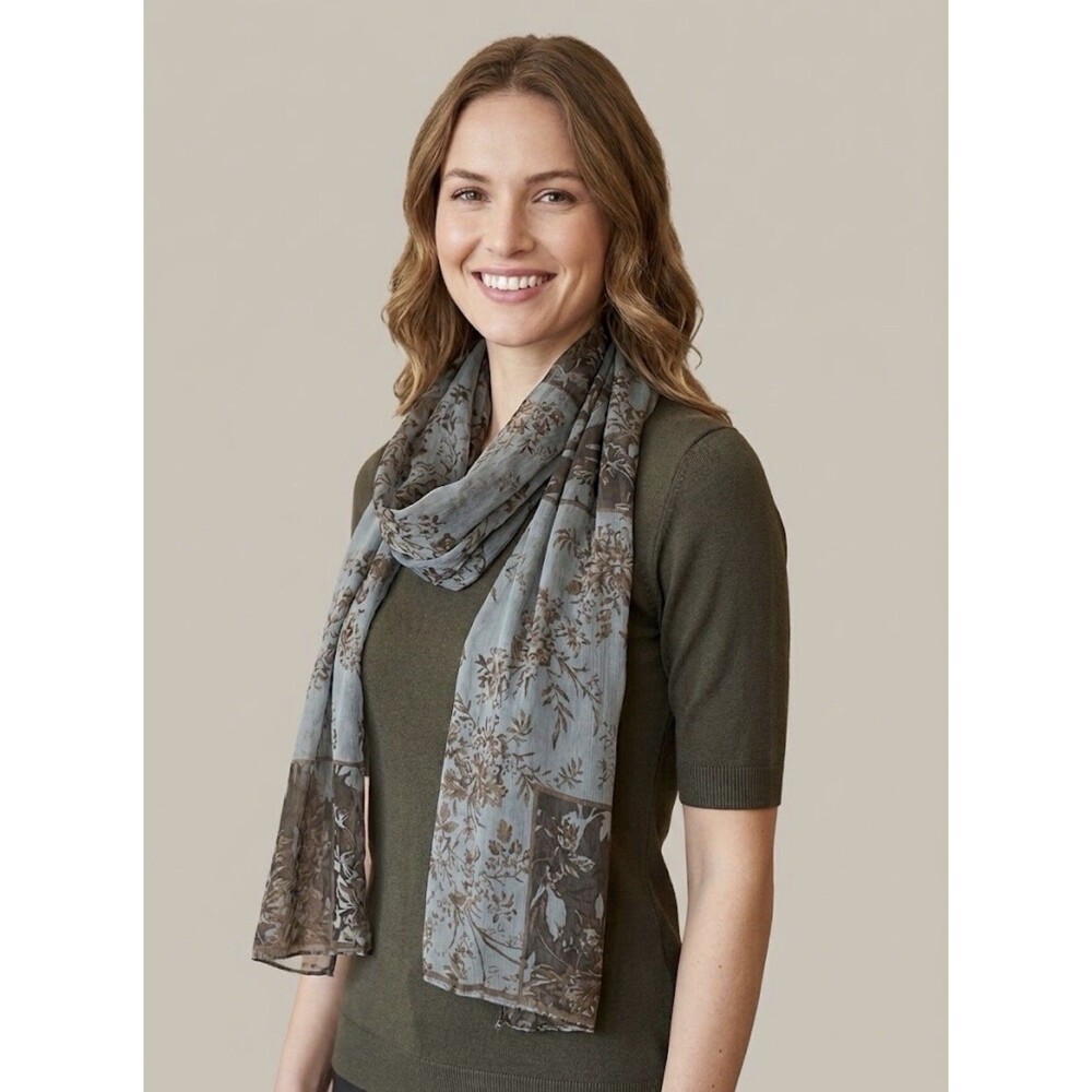 Halston Sheer Silk Floral Scarf 55x12.5 Blue Lavender Floral  Oblong Rectangle